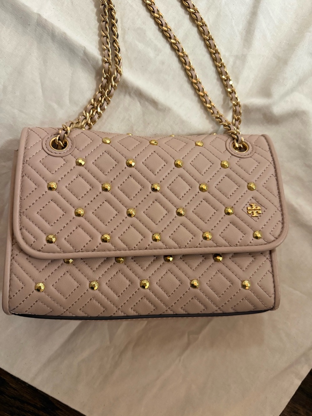 Tory Burch Quilted Studded Chain Crossbody Bag - Pale Pink with Gold Hardware - Picture 6 of 6